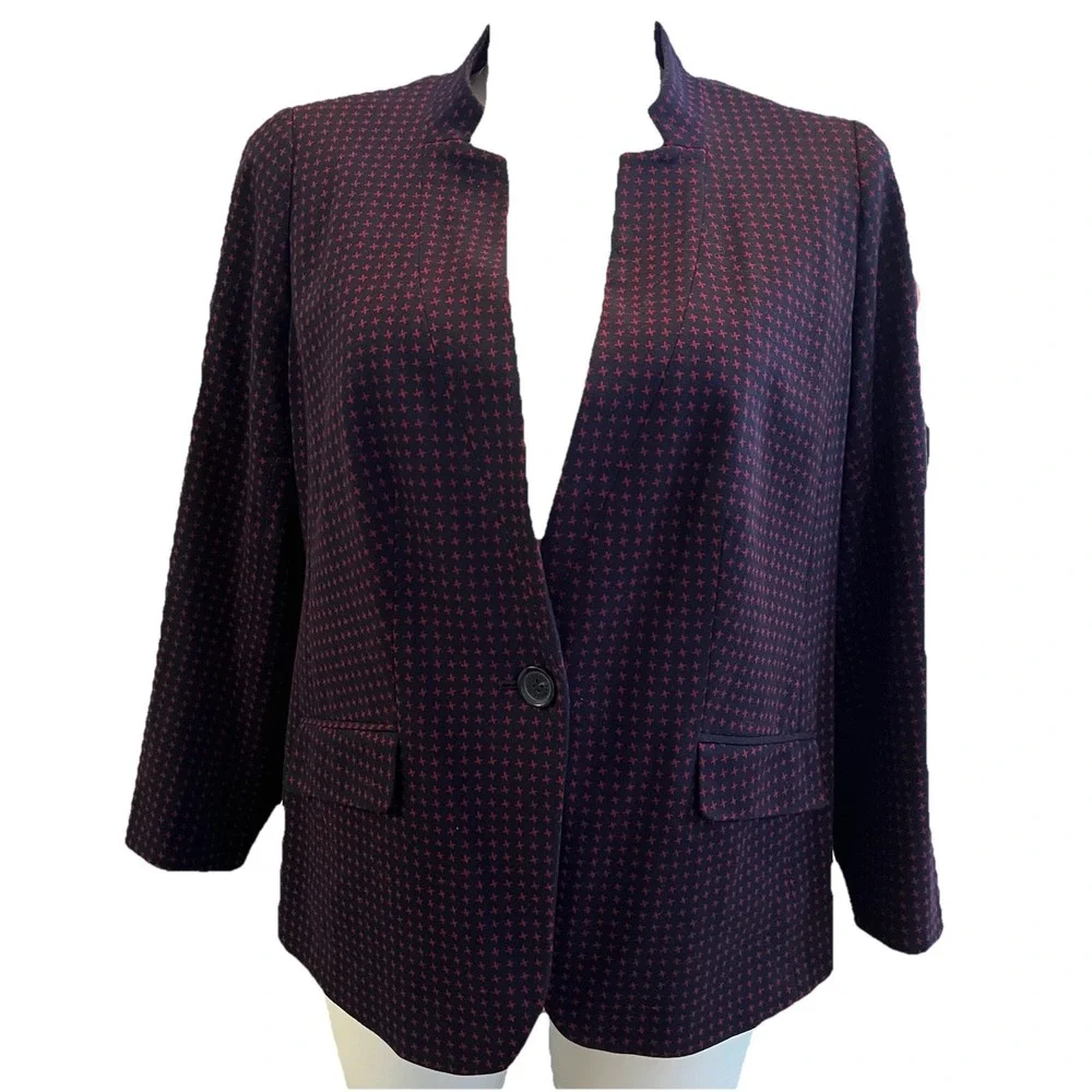 Talbots Aberdeen Knit 1 Button Blazer Jacket 14W‎ Navy Blue Red Mandarin Collar